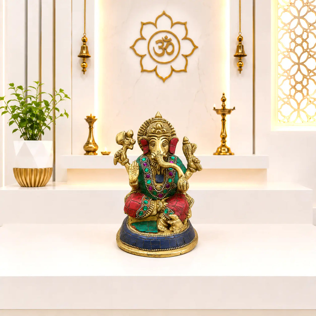 Brass Stone Work Sitting Ganesha Idol Vedansh Craft