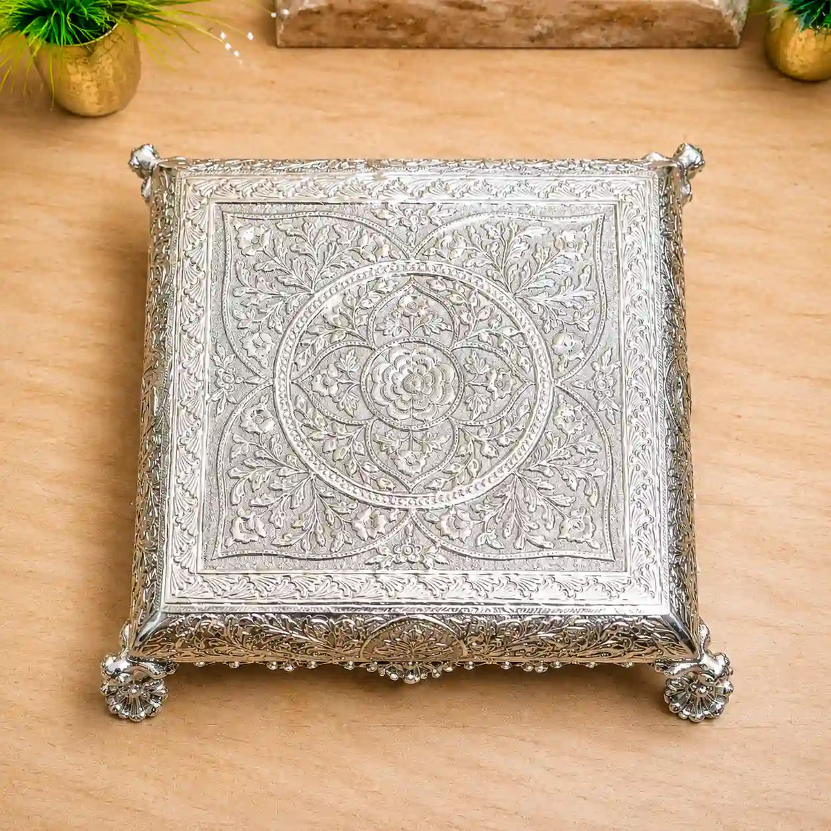 German Silver Handcrafted Chowki with Elephant Leg (7 Inch) Vedansh Craft