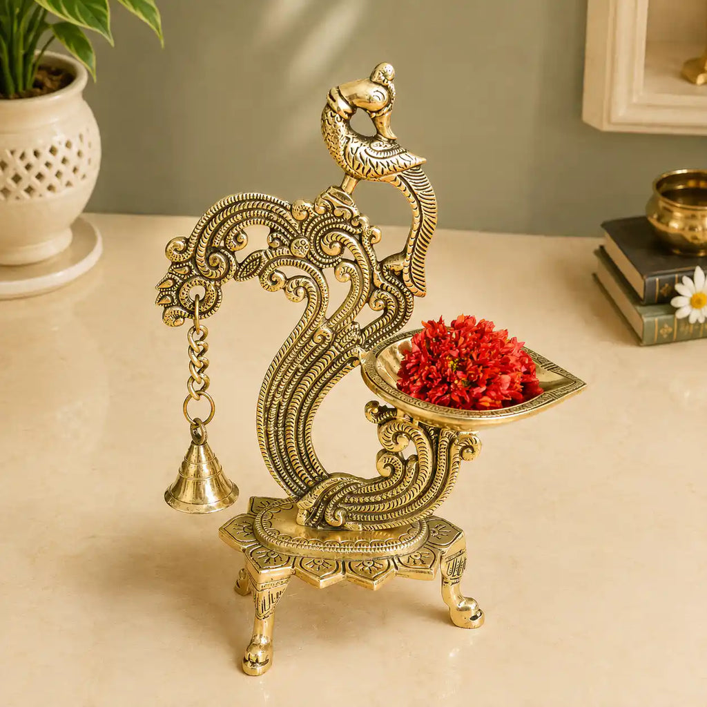 Brass Ethnic Peacock Diya Lamp With Hanging bell Vedansh Craft