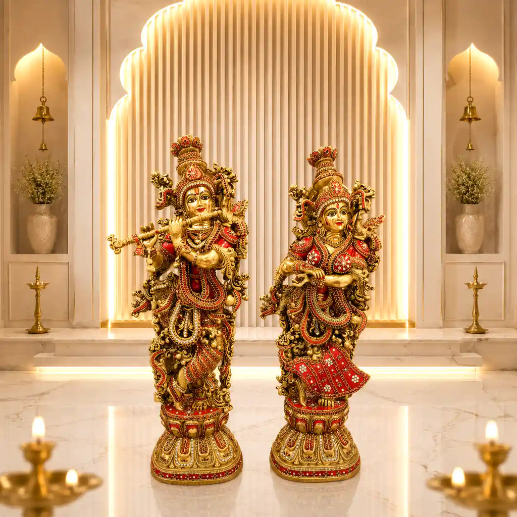 Brass Stone Work Standing Radha Krishna Statue Set (30 Inch) Vedansh Craft