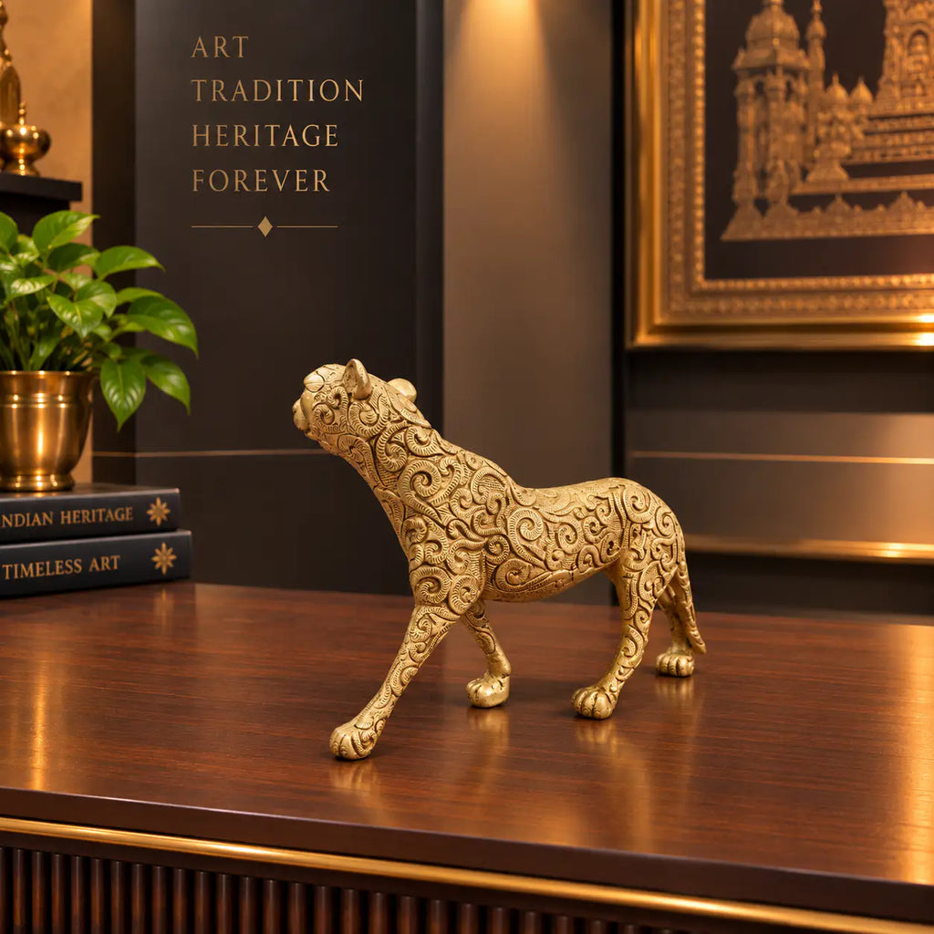 Brass Leopard / Tiger Statue (8.5 Inch) Vedansh Craft