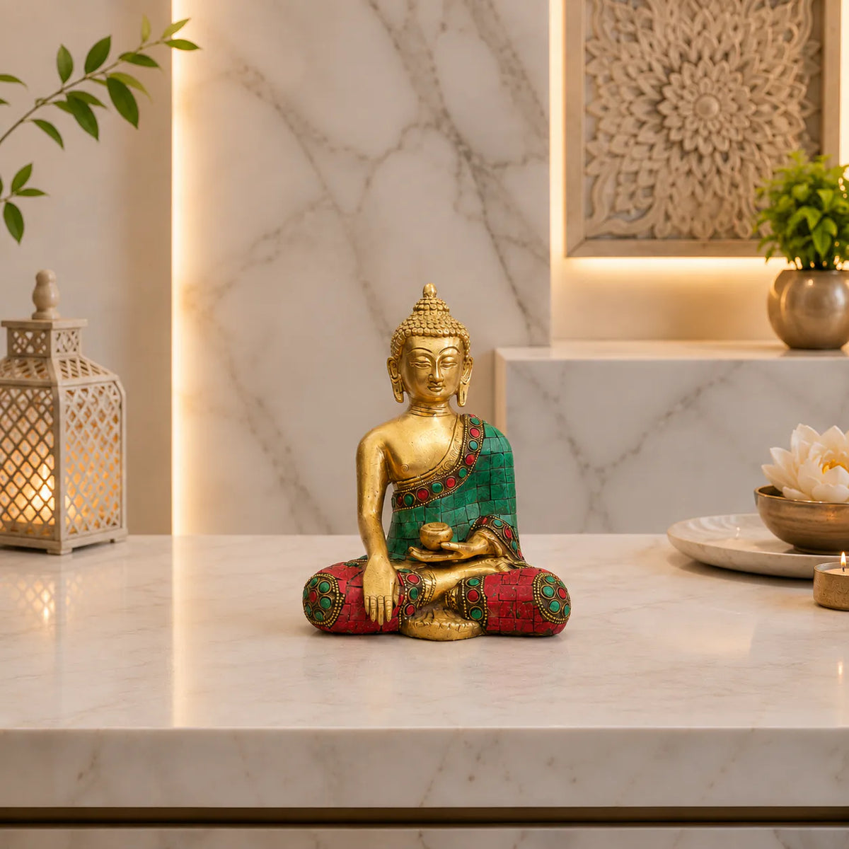 Brass Stone Work Blessing Sitting Buddha Statue Vedansh Craft