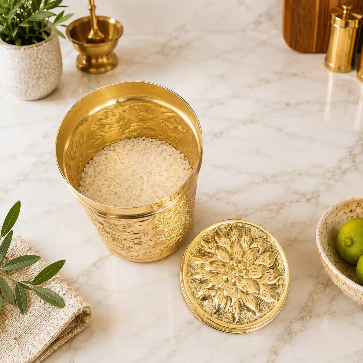 Brass Flower Design Container / Storage Box With Lid Vedansh Craft