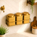 Brass Square Storage Jars / Canister Set With Wall Hanging Stand (Set of 3) Vedansh Craft