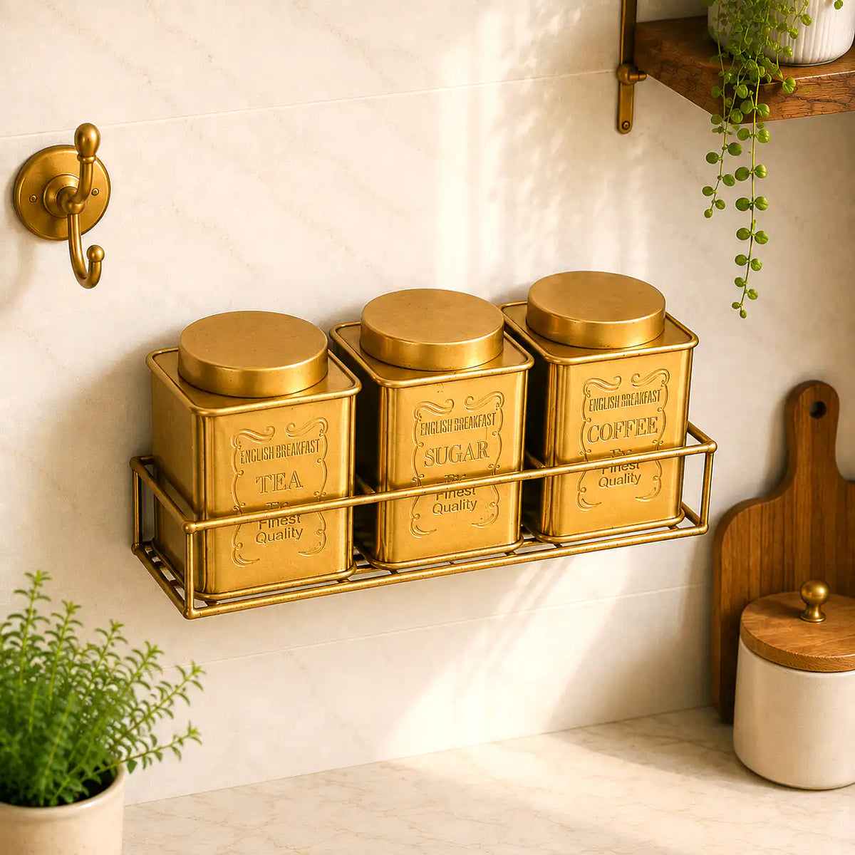 Brass Square Storage Jars / Canister Set With Wall Hanging Stand (Set of 3) Vedansh Craft