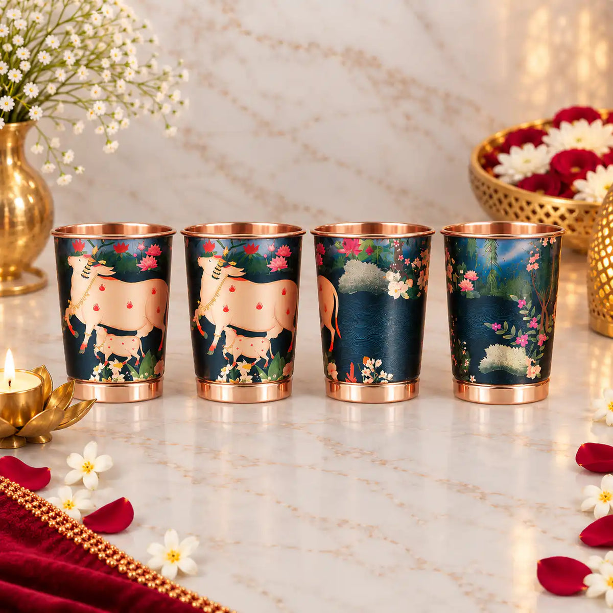 Copper Kalakriti Print Glass Set of Four With Gift Box/Hamper (3.5 Inch) Vedansh Craft
