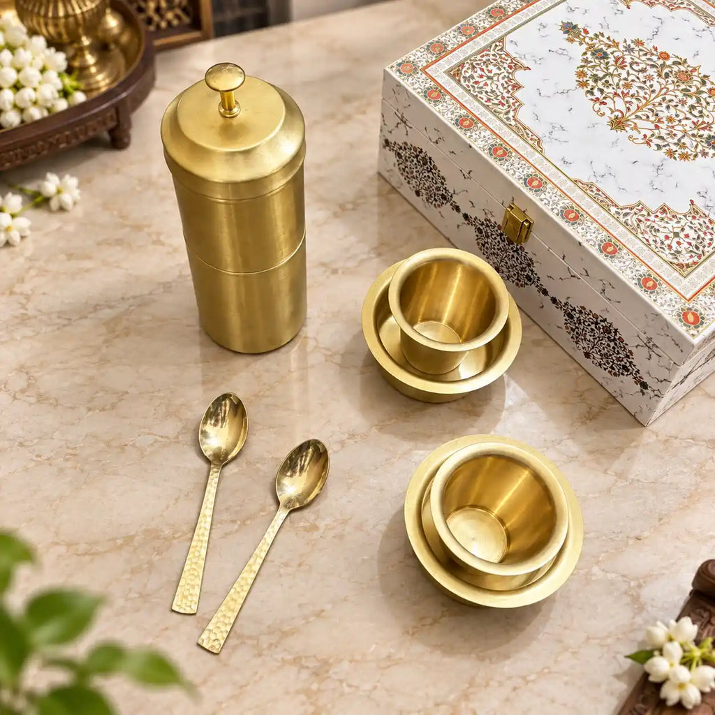 Brass Coffee Filter & Davara Set – Traditional South Indian Coffee Maker Gift Hamper Vedansh Craft