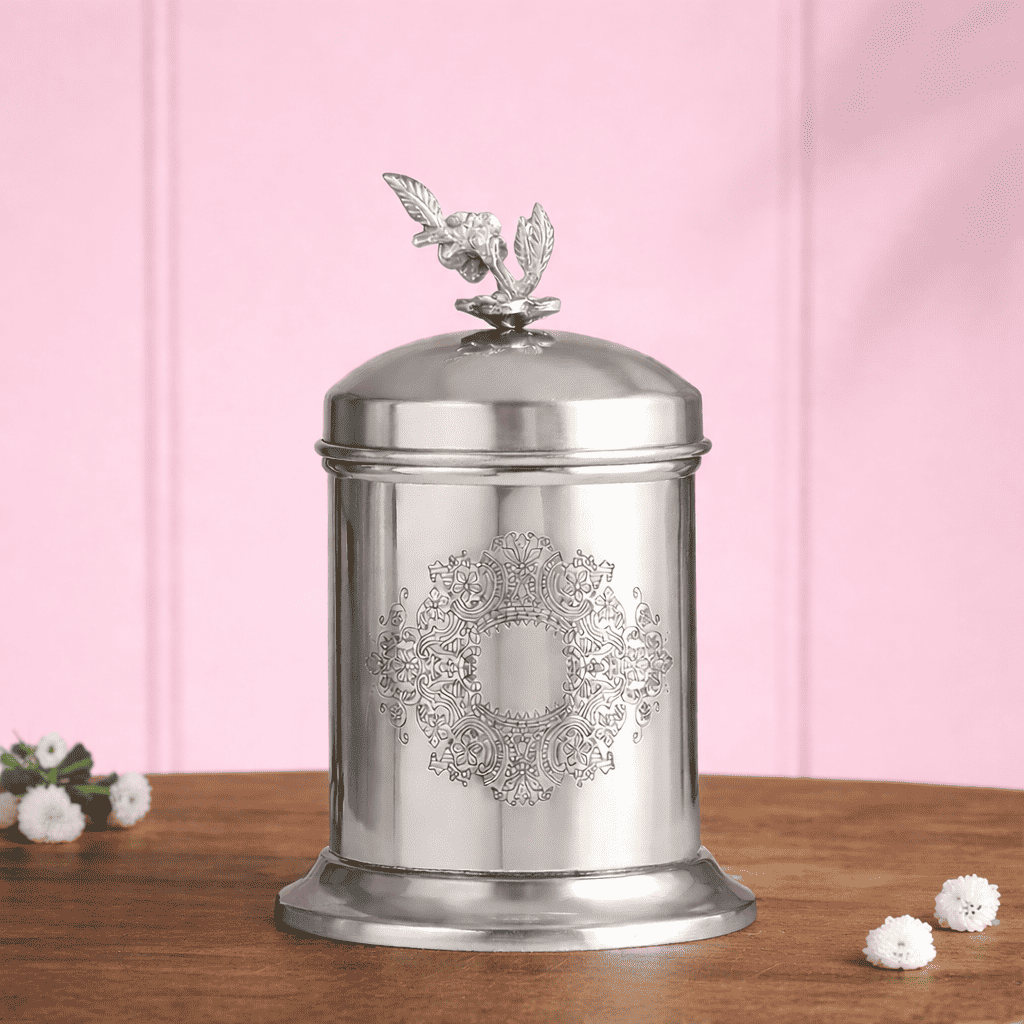 Brass Embossed Design Jar with leaf knob on lid, Brass Decorative Storage Box Vedansh Craft