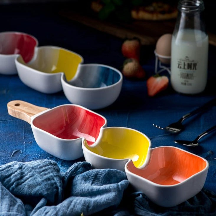 MERRY 3 part snack bowl with wooden handle - Orange, yellow & red Nestasia