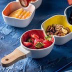 MERRY 3 part snack bowl with wooden handle - blue, yellow & red Nestasia