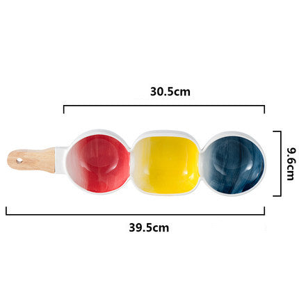 MERRY 3 part snack bowl with wooden handle - blue, yellow & red Nestasia