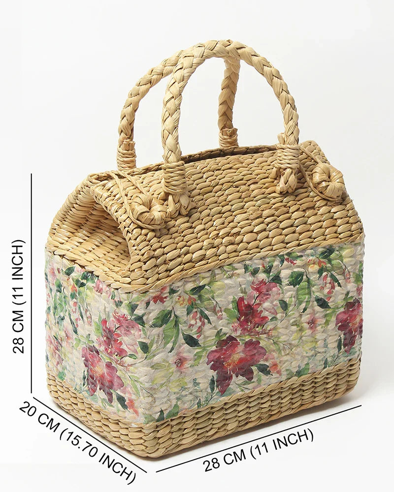 Handmade Seagrass Picnic Basket with Lid for Outdoor Dining & Travel Use