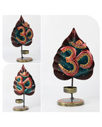 Handcrafted Metal Om Symbol Peepal Leaf Decor Tea Light Holder Showpiece