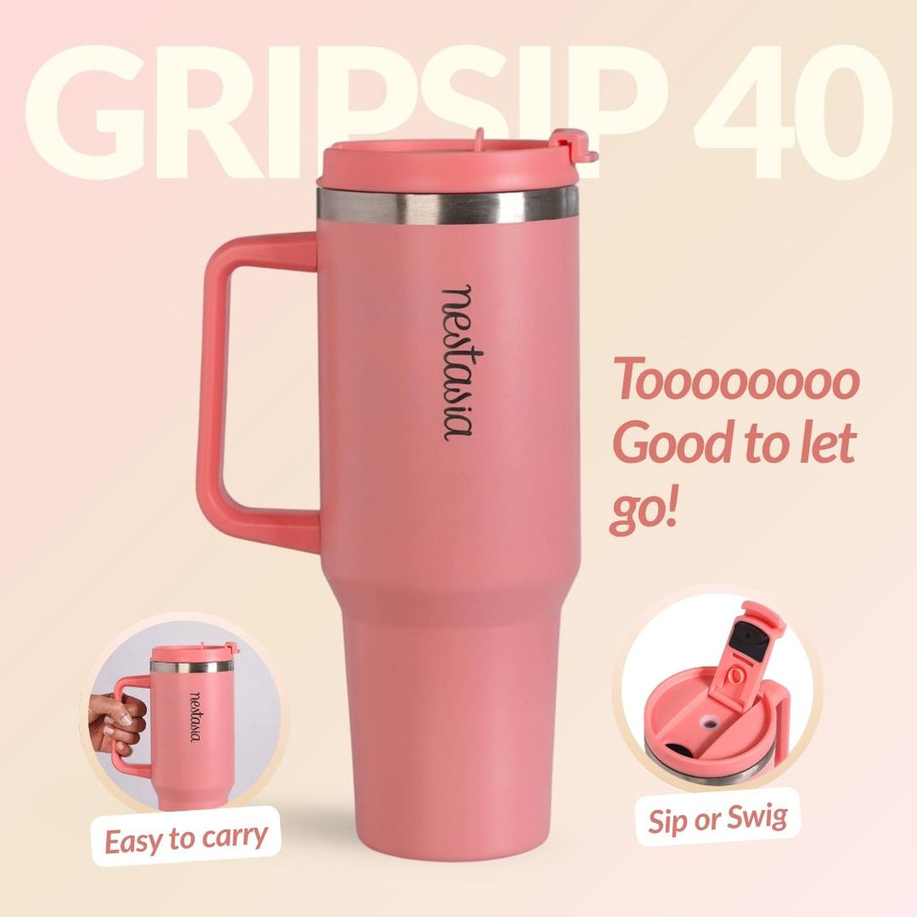 GripSip 40 Insulated Tumbler Bottle With Side Handle Living Coral Pop 1200ml Nestasia