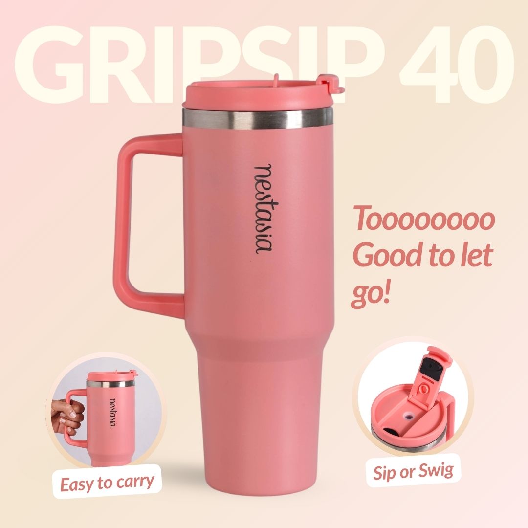 GripSip 40 Insulated Tumbler Bottle With Side Handle Living Coral Pop 1200ml Nestasia