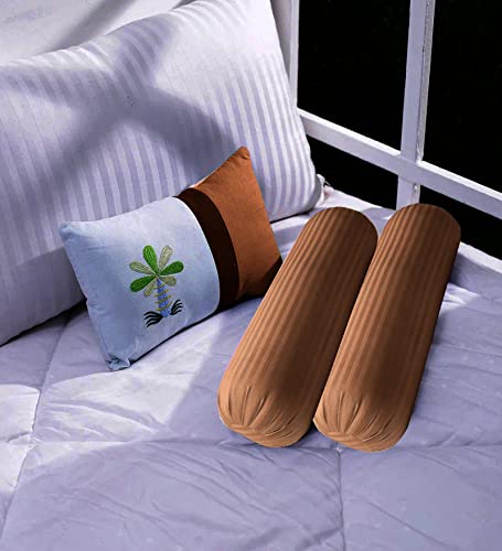 Trance Home Linen 100% Cotton 16x32 inch 200TC Striped Bolster Cover | Round Bed Side Long Bolster Pillow Cover to fit 24 Length 9 Dia | Pack of 2 Bolster Cover only (16x32 inch,Chocolate Brown)