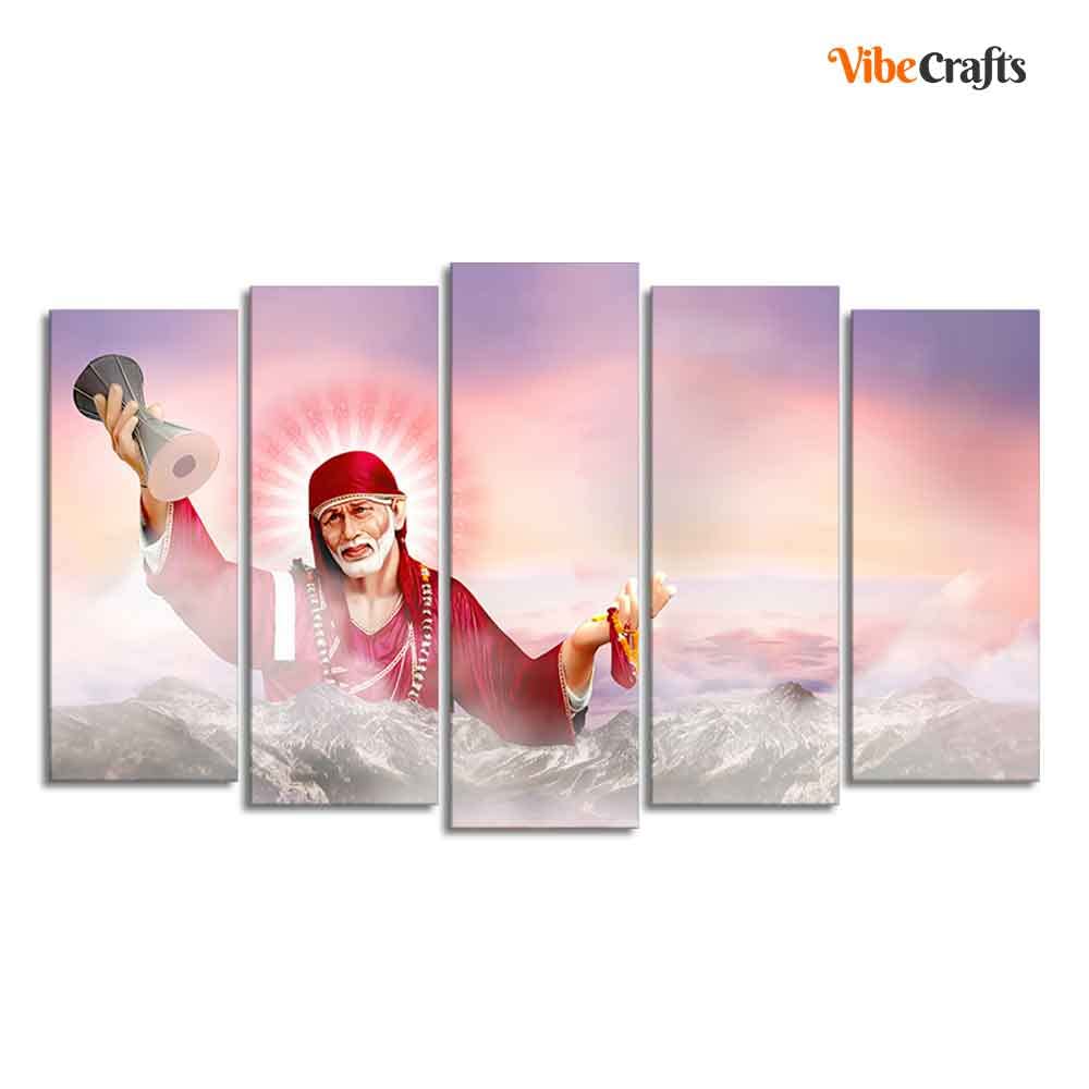 VIBECRAFTS Homcraft Devotional Wall Painting of Sai Baba Set of Five For Home|Office|Living Room|Gift (PTVC5Pcs2_6610)