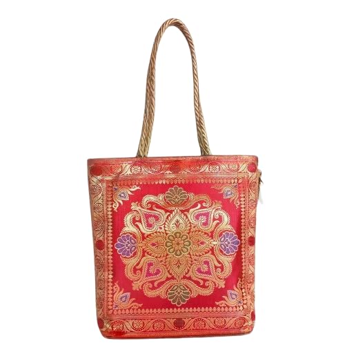 Rhaa Red Tote Bag | Banarasi Silk Embroidered | Tote Bag for Women | Perfect for Festivals, Office, Shopping, Travel & Grocery | Zipper Closure & Pockets 30x8x30 CM