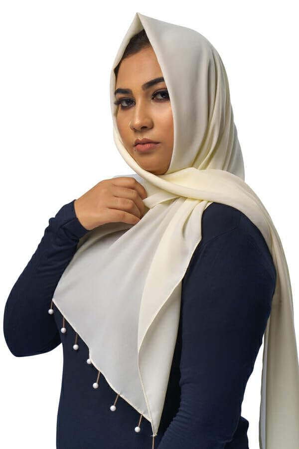 Urshia Georgette Hijab for Women - Pearl and Moti Latkan Diamond Hijab (Off White)