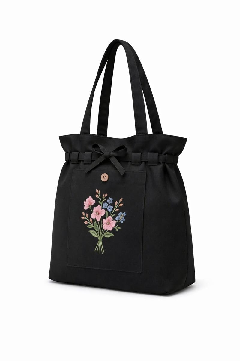 HaveGlam Embroidered Flower Tote Bag with 100% Cotton Lining Inner Pocket Button Detail for Daily Use Travel College Shopping Office & Casual Wear Lightweight Tote for Ladies & Girls (Black)