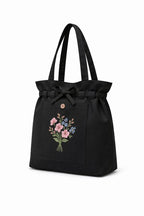 HaveGlam Embroidered Flower Tote Bag with 100% Cotton Lining Inner Pocket Button Detail for Daily Use Travel College Shopping Office & Casual Wear Lightweight Tote for Ladies & Girls (Black)