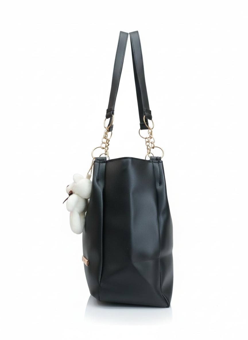 AESTHETIC Women’s Shoulder Handbag | Elegant PU Leather Tote with Chain Strap & Teddy Charm | Stylish Daily Use Purse for Office, College & Casual Outings-T-04