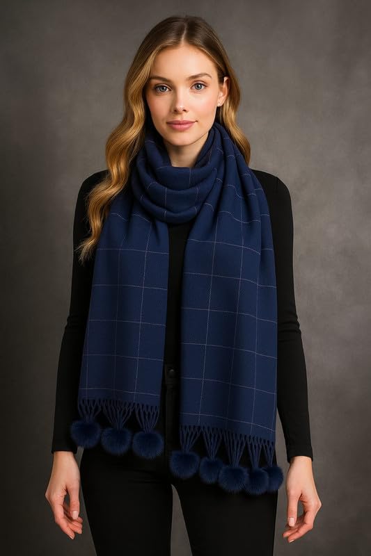 Krystle Checked Women’s Stole with Pom-Pom Tassels – Soft Warm Wool Blend Scarf with Classic Check Pattern & Fringe Detailing (Free Size,Blue3)