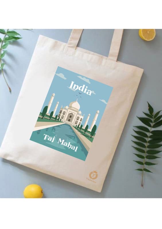 TAJNAN Reusable Tote Bags|100% Organic Cotton Grocery Bag|Eco-Friendly, Multi-Purpose Bag|Sturdy Canvas Bag with 15kgs Capacity | Multiple Stylish Designs,Pack of 1(Taj Mahal Bag)
