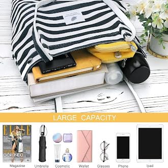 BROGBUS Casual Design Shoulder Handheld Tote Handbag for Women, Girls Canvas Jhola Bag for College Office Use (Black White Strip)