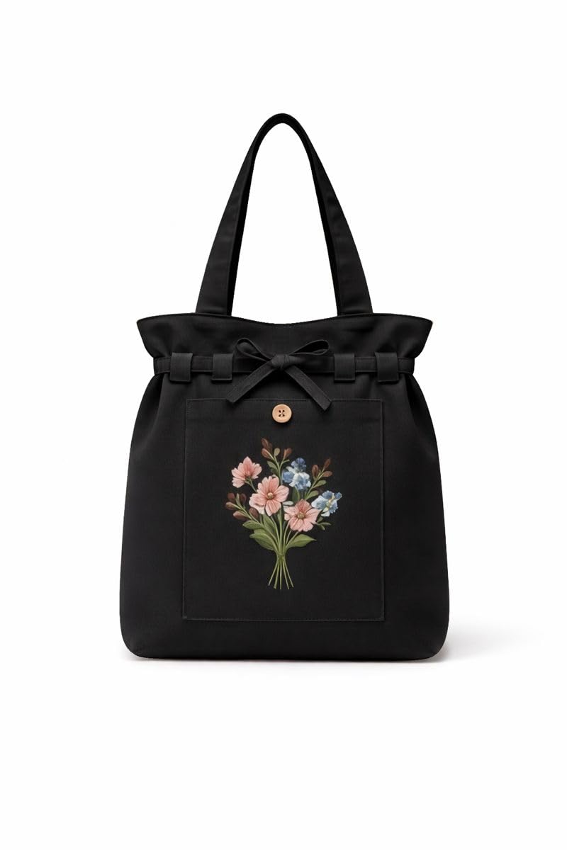 HaveGlam Embroidered Flower Tote Bag with 100% Cotton Lining Inner Pocket Button Detail for Daily Use Travel College Shopping Office & Casual Wear Lightweight Tote for Ladies & Girls (Black)
