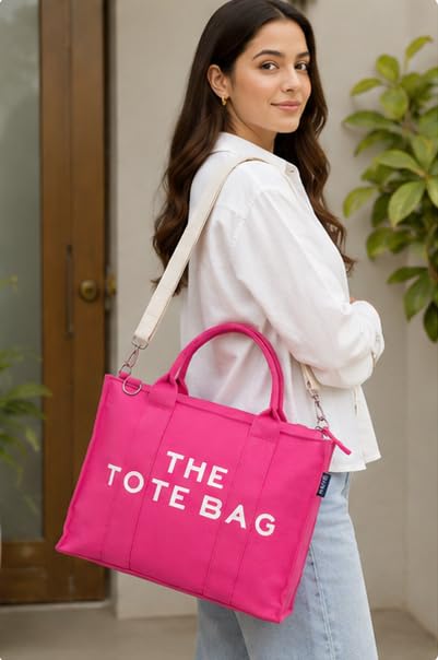 AQVA Printed Cotton Canvas Tote Bag with Detachable Sling Strap for Women | Large Capacity | Stylish Multipurpose Handbag with Zipper | Shoulder Bag for Laptop, Office & Travel (Pink)