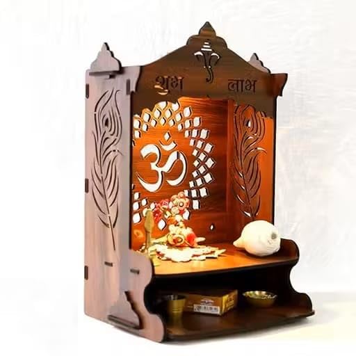 Wooden Pooja Mandir for Home, Pine Home Temple with Spacious Shelf, Hindu Mandir, Mini Pooja Temple for Home Decor, Living Room & Office 32 x26x20 cms (Natural Wood Brown, 32 X 26 X 20 Cms, Om Design)