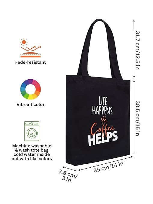 Mohini Dreams DOODLE Women Eco-Friendly Reusable Cotton Canvas Tote Bag | Inner & Outer Zip Pockets | Ideal for Travel, Shopping, College & Office Use | Caffine Shots, Black