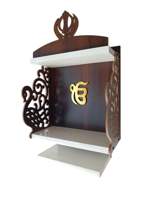 Peacock Design Mandir, Golden Ek Omkar Temple, Sikh Guru Temple,Wooden Temple for Home with Khanda Symbol, 3-Tier Wall Mount Shelf, Brown and White