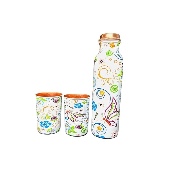 Piepot Copper Water Bottle 1 Ltr | Copper Water Bottle with Glass Set | Meena Work | 100% Pure | Leak-Proof | 2 Water Glass 300ml each | Best for Gifting ((Meena - Butterfly))