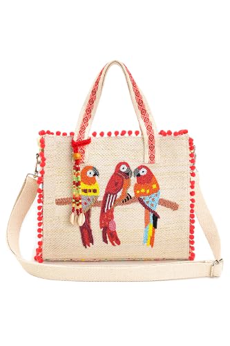 Boho Girl Parrot Perch Tote Bag – Beaded Parrots Design, Handcrafted Bag for Ladies, Colorful, Boho Chic Tote, Perfect for Casual Outings, Office Use, and Everyday Style for Womens & Girls