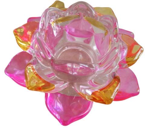 Bloriza Fancy Crystal Glass Lotus Candle Holders, Pink & Yellow