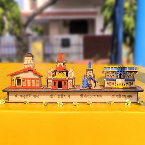 A & S VENTURES Pine Wood Handmade 3D Char Dham Model/Char Dham yatra Model Frame of Yamnotri, Gangotri, Kedarnath & Badrinath Dham for Home,Temple,Office,Gift,Deco'r