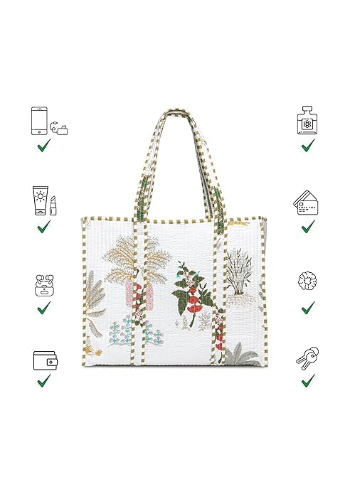Cotton Quilted Tote Bag for Women, Jungle Print Handbag, Reusable Shoulder Bag with Dual Handles, Lightweight Travel Shopping Tote, Large Capacity Everyday Carry Bag - (White bag, 12×12 In)