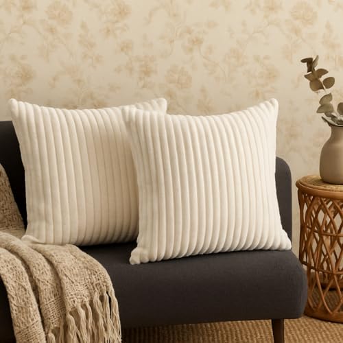 AWARD VELVETS Premium Faux Rabbit Fur Plush Luxury Soft Fluffy Striped Decorative Throw Pillow/Cushion Covers for Sofa, Couch, Living Room - (Off-White, 24 x 24 inch) Set of 1