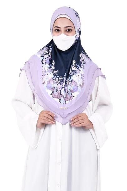Markaz Hijab Printed Malaysian Instant Hijab for Women | Floral Border Design | Ready to Wear Modest Fashion Headscarf | Elegant Muslimah Style (BLUE, XXL (36))