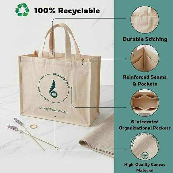 Cotton Canvas Heavy Duty Grocery Bag, Reusable Market Tote with Multiple Compartments, Strong Handles & Thick Bottom