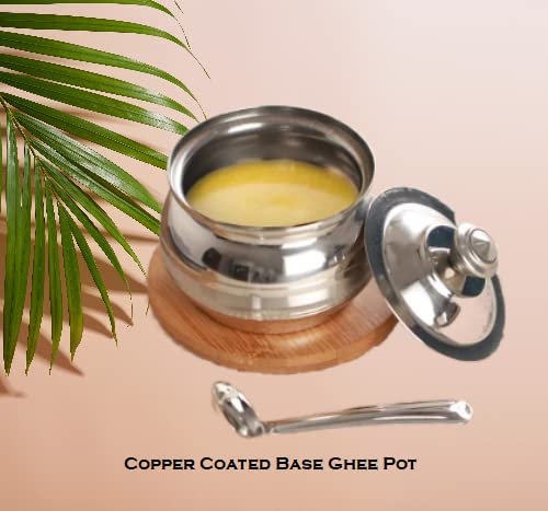 ImegaZ Copper Coated Base Stainless Steel Ghee Pot with Spoon, Oil Jar, Oil Pot, Ghee Serving Jar/Container, Ghee Storage jar with spoon (100ml Pack of 1)