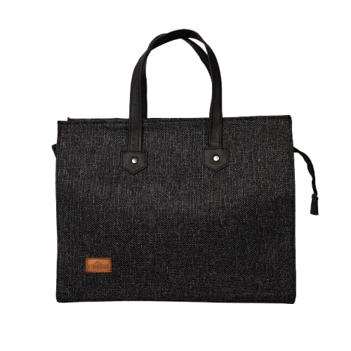 FOHOGO Jute Bag for Unisex | Lunch Bag/Tiffin Bag/Carry Bag/Jute Bag | Tote Bag for office (Black, Large (12”x16”x7”))