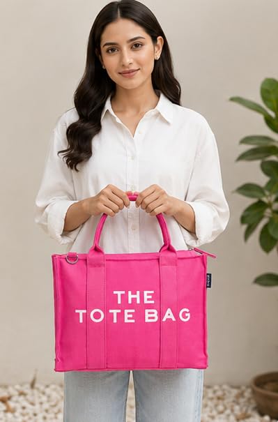 AQVA Printed Cotton Canvas Tote Bag with Detachable Sling Strap for Women | Large Capacity | Stylish Multipurpose Handbag with Zipper | Shoulder Bag for Laptop, Office & Travel (Pink)