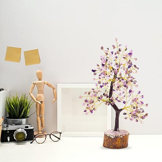 JINALI GEMS ® Amethyst Crystal Gemstone Money Tree Natural Healing for Good Luck, Wealth and Prosperity with Golden Wire 300 Beads, 9-10 Inches