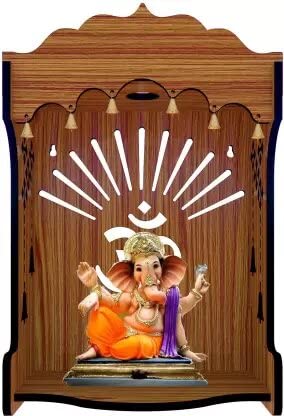 HM Bell Om Pooja Wooden Mandir for Home Wall Mounted | Wood Puja Home Temple with Double Shelf for Storage and God Idols Decoration for Living Room, Bedroom and Office