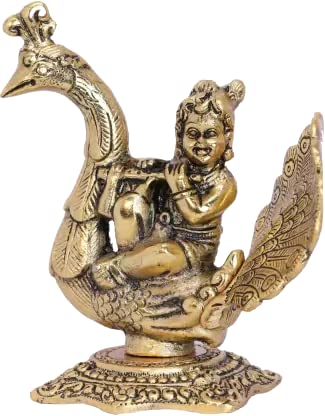 KridayKraft Lord Krishna Sitting on Peacock Metal Statue Krishna Idol Playing Flute Decorative Showpiece - 15 cm (Aluminium, Gold)