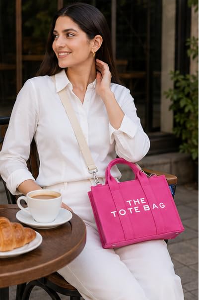 AQVA Small Tote Bag for Women with Pouch | 100% Cotton Canvas Mini Handbag | Stylish Shoulder Bag for Office, Travel, Daily Use (10x8x5 inch, Fuscia)