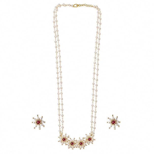 Anuradha Art Jewellery Elegant Golden Finish Floral Parijat Necklace with White Pearl Double Chain & Matching Maroon Ruby Stud Earrings | Artificial Mogra | Handmade Handcrafted Traditional Jewellery Set for Women & Girls (MAROON)